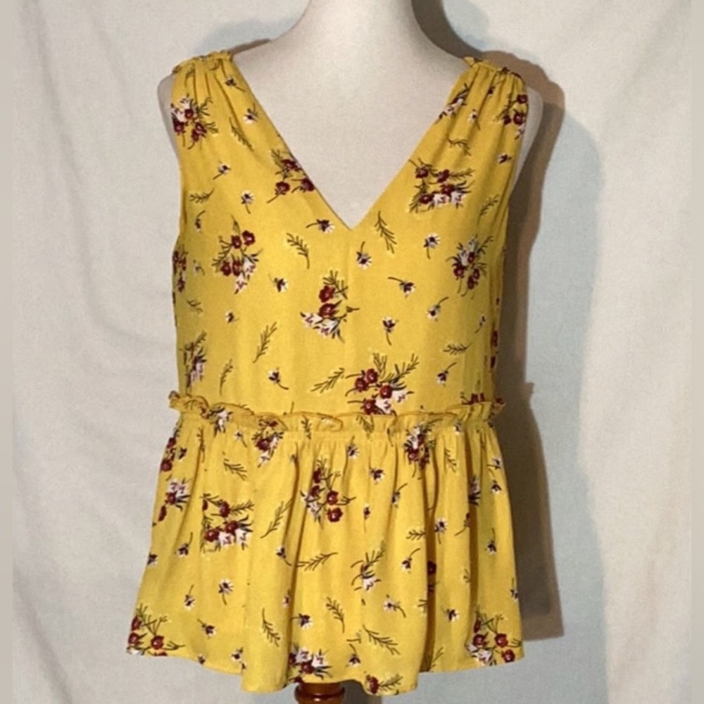 LOFT Yellow Peplum Tank Top with Ruffled V-Neck